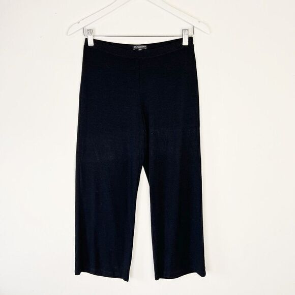 Eileen Fisher Black Fine Jersey Wide Leg Cropped Elastic Waist Pant - Picture 1 of 4